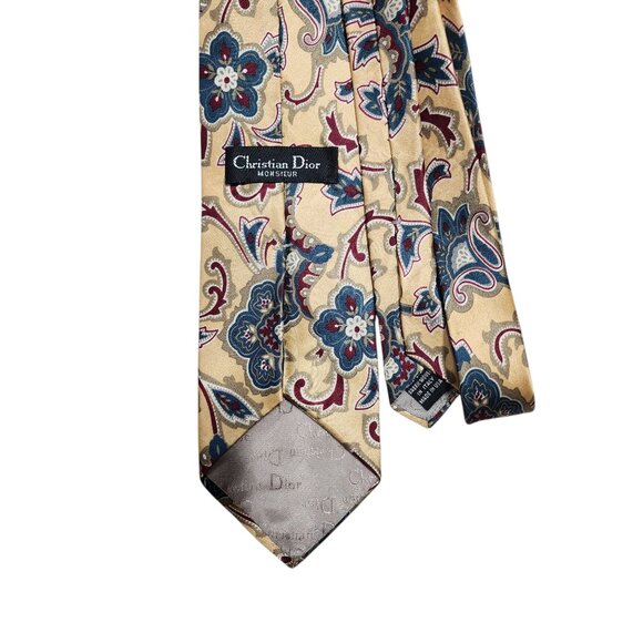 Christian Dior‎ Mens Silk Tie Paisley Floral Design Beige & Blue Made In USA - Picture 4 of 7